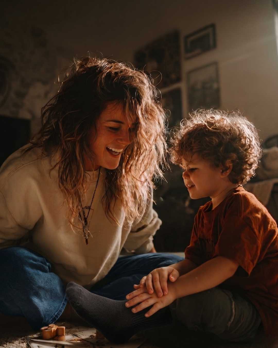 Mãe sentada no chão com a criança, sem celulares, momento real